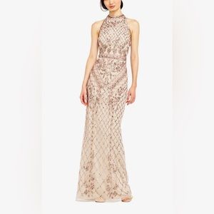 MOCK NECK BEADED COLUMN DRESS WITH T-BACK IN BISCOTTI